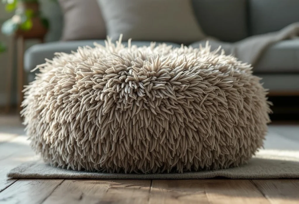 DIY : transformer un vieux tapis shaggy en pouf déco tendance