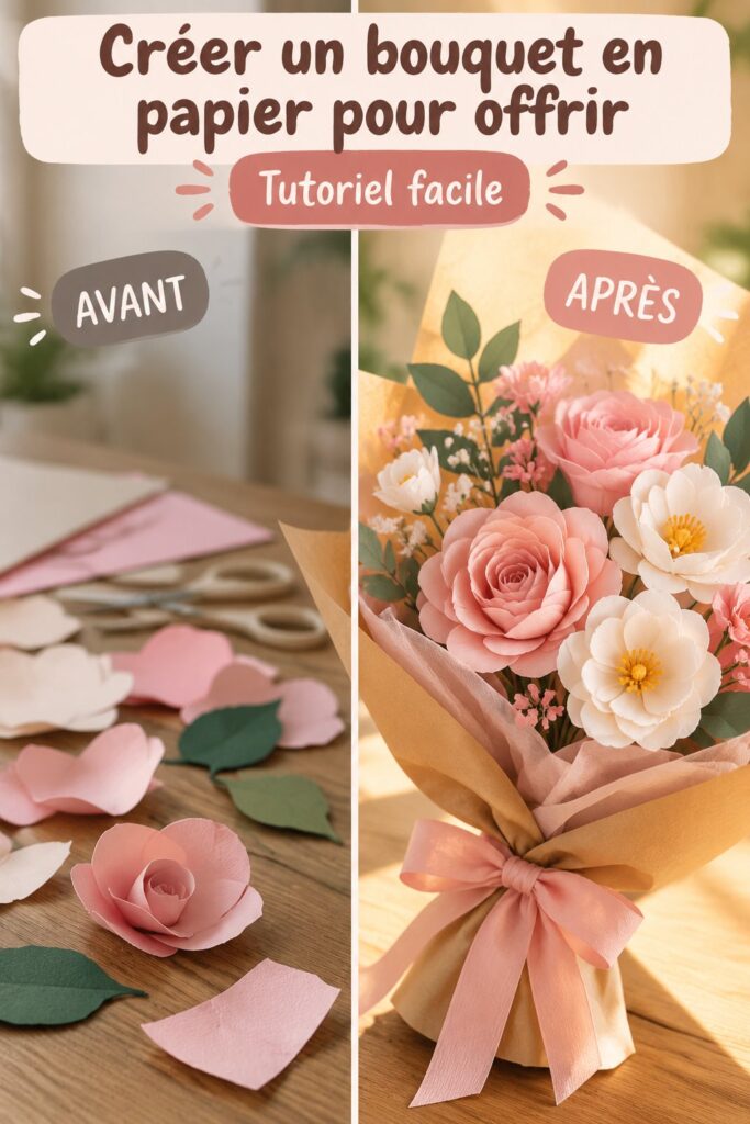 Bouquet en papier coloré sur une table, prêt à être offert